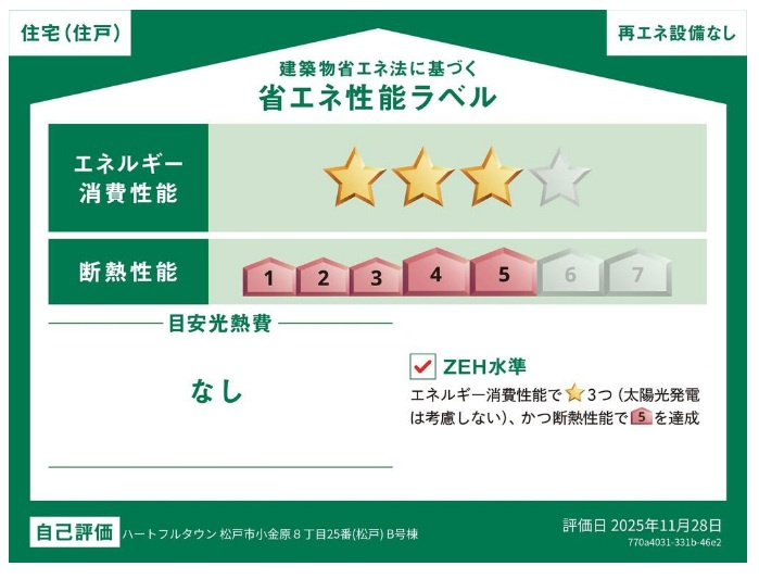 松戸市小金原８丁目新築戸建【貝の花小学校:徒歩2分】の省エネ性能ラベル|省エネ性能ラベル・ZEH水準