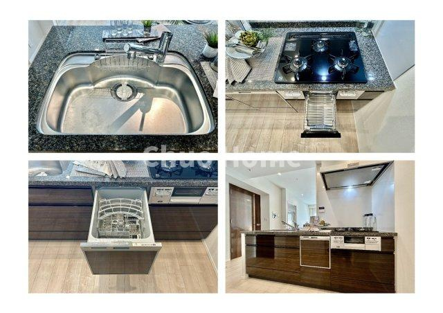 シティタワーズ東京ベイセントラルタワーのキッチン|【システムキッチン】ワイドで収納豊富な使い勝手の良いカウンターキッチンには、食洗器や伸縮タイプのキッチン水栓、三ツ口コンロ・魚焼きグリルなどの便利な設備が標準完備されています。