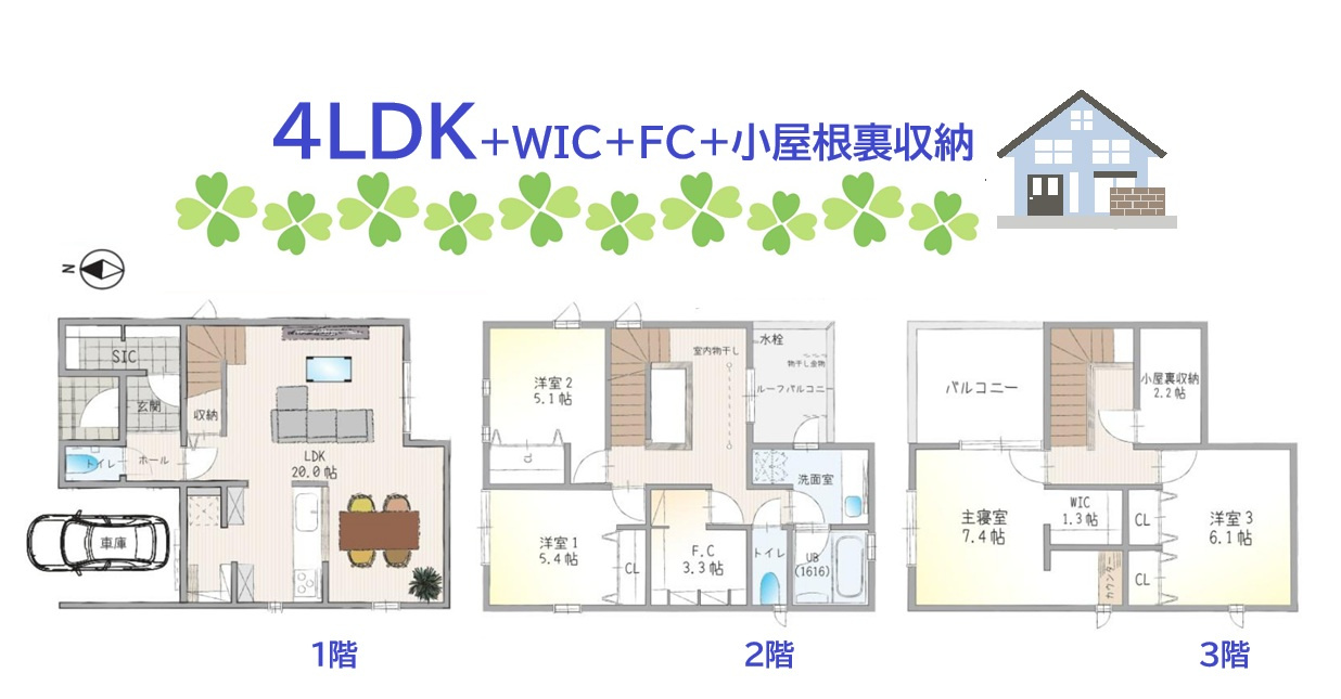 綾瀬市深谷中7丁目　築後未入居　全1棟の間取り|◎収納豊富◎考え抜かれた収納設計・生活動線が魅力のお住まいです◎　
３階建ての４LDKです♪