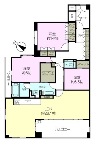 アーバンビュー芦屋山手A棟の間取り|専有面積約132.66㎡、バルコニー面積約24.00㎡、3SLDK