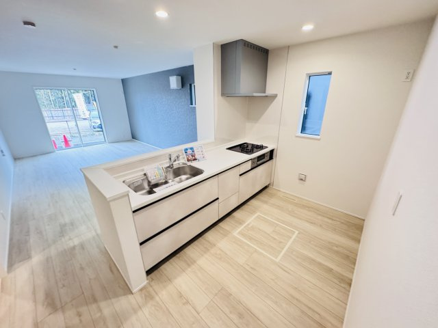 柏市高田新築戸建【高田小学校:徒歩5分】のキッチン|お手入れしやすいレンジフード・シンクの水栓には浄水器がついてます！