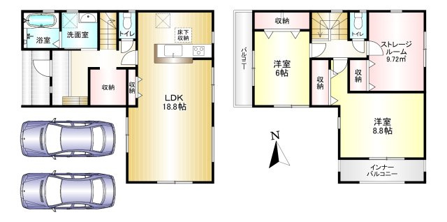 橿原市中曽司町　第10期の間取り|2SLDK 土地面積：110.22㎡　建物面積：102.46㎡　駐車スペース2台