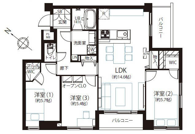 【間取り】 | ネオハイツ楠町 | 73.77㎡の3LDK。