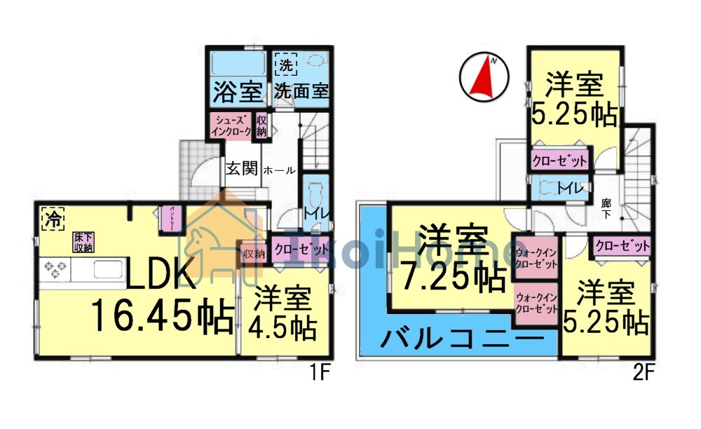 明石市魚住町清水4期　新築戸建の間取り|LDK横洋室で使い勝手良好な間取り！合わせて21帖の大空間LDK♪バルコニー2面はかなりワイド♪