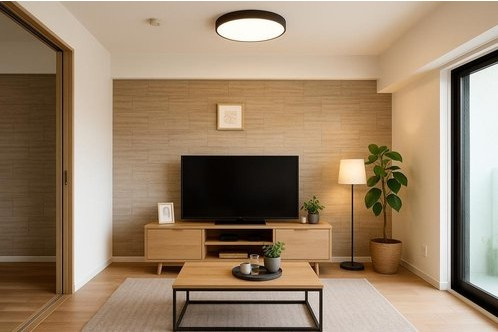 【Re Dream】ユニ・アルス洛西プレジオの居間・リビング|■グレーのタイル柄のアクセントクロスを採用！落ち着いた雰囲気に！
*家具・小物は全てCGによるイメージです。
(2025.3撮影)