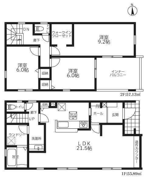 幸手西　新築一戸建て　02　リーブルファインの間取り|対面キッチンで開放的な広々21.5帖のLDKです♪