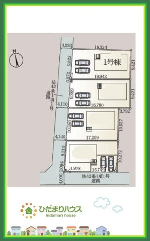 ひたちなか市平磯町第2　新築戸建　1号棟の区画図|カースペース２台ＯＫ！前面道路も幅が広いため車庫入れも安心です(^^)/
