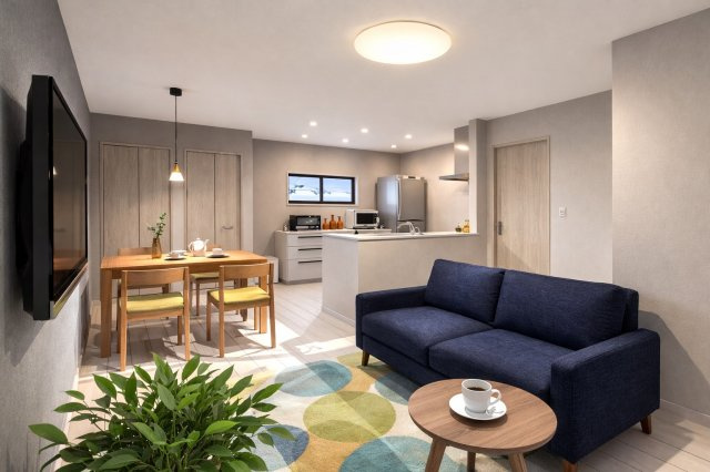 西京極徳大寺団子田町　新築参考Aプランの完成予想図|【リビングパース図：新築参考Aプラン】
家具配置の参考にもなるイメージパース図はお部屋の広さや雰囲気がイメージしやすい♪（新築参考Aプラン80.6㎡、建物価格1698万円）