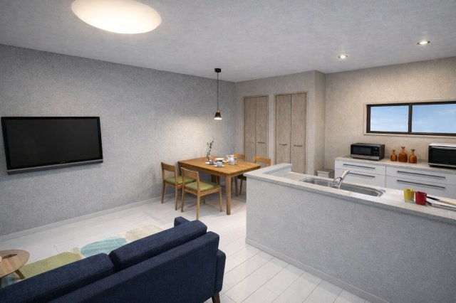 西京極徳大寺団子田町　新築参考Aプランの完成予想図|【リビングパース図：新築参考Aプラン】
リビング側・キッチン側の双方からお互いの姿が見え、お料理中もお子様の様子を見守れます♪（新築参考Aプラン80.6㎡、建物価格1698万円）