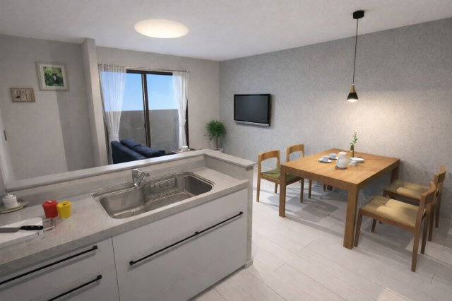 西京極徳大寺団子田町　新築参考Aプランの完成予想図|【リビングパース図：新築参考Aプラン】
２階リビングは通行人の視線や車のライトなどを気にせず、家族団らんができちゃいます♪（新築参考Aプラン80.6㎡、建物価格1698万円）