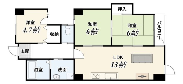 【Re Dream】ラポー桂の間取り|3LDK、価格3399万円、専有面積66.04m2、バルコニー面積2.07m2