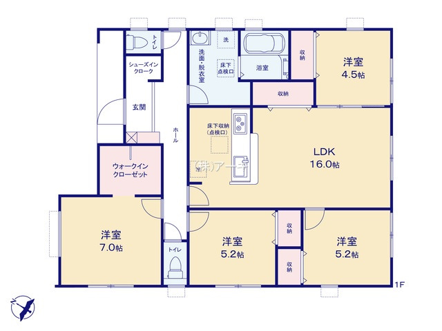 碧南市岬町三丁目3番『仲介手数料無料』新築戸建ての間取り|　5号棟　平屋建て　LDK16帖に隣接する洋室4.5帖はお子様の遊び場・奥様の家事室に便利！ダイニング収納♪主寝室7帖　WIC設置！洋室5.2帖・洋室5.2帖　CL設置♪シューズインクローク！