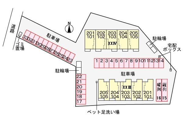 エムズ　サニーガーデンⅩⅩⅣの区画図|駐車場
