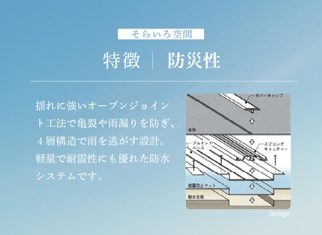 【設備】 | トラストステージ　新座市野火止5丁目46期　全12棟 | 【耐久性能】
木造住宅の耐震構造にマッチした施工で雨水の侵入を防ぎます