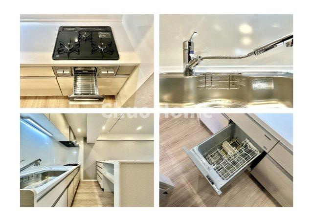 グレイス大島のキッチン|【システムキッチン】ワイドで収納豊富な使い勝手の良いカウンターキッチンには、食洗器や伸縮タイプのキッチン水栓、三ツ口コンロ・魚焼きグリルなどの便利な設備が標準完備されています。