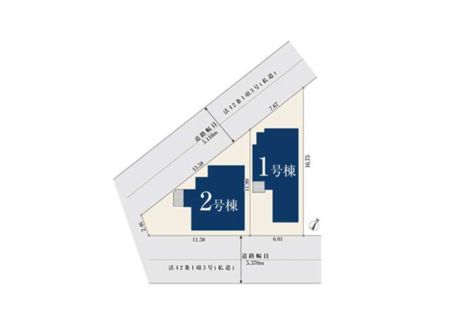 【区画図】 | 練馬区東大泉2丁目　新築一戸建住宅　全2棟　（保谷店） | 1号棟/二方道路に面しており、採光・通風良好です！※図面を基に作成しています。現況と異なる場合は現況を優先いたします。