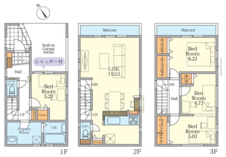 【間取り】 | 中央区小町通1丁目  2号棟 1期 | 3LDK　3階建　準耐火建築物　都市ガス　網戸標準仕様　シャッター1箇所付　Ｗロックディンプルキー　食洗器・浄水器　浴室乾燥機+窓　バルコニー2箇所（2階・3階）　全居室収納　LDK19.5帖