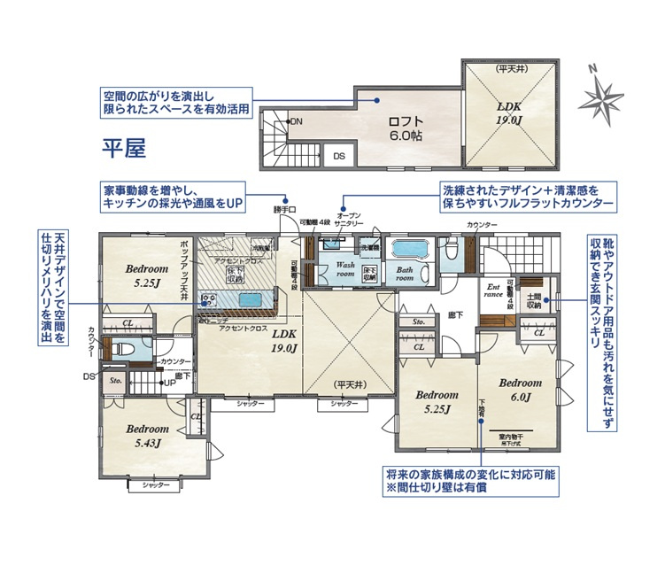 新築　みどり市大間々町大間々-全2棟-　2号棟　Blooming Gardenの間取り|3LDK　建物約30坪　19帖の広々リビングの平屋住宅♪間仕切り可能で4LDKにもなります！