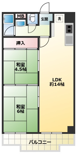 【間取り】 | エーデルハイム大蔵谷 | 6階建２階部分の2LDK！