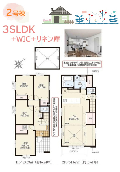 【間取り】 | ２号棟「吹抜仕様」の２階リビングで開放的な生活が送れる3SLDK♪
「エコジョーズ」搭載で熱効率がアップし、ガス代を節約できます♪