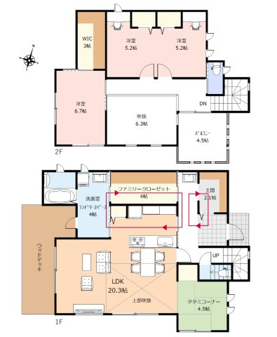 コンフォートプレイス川越市下松原2期　全2区画の参考プラン|◇建物プラン例＿B◇
建物価格2130万円(税別)、建物面積122.77㎡(他、吹抜け10.55㎡)
(別途、土地諸経費、建物諸費用等あり)
