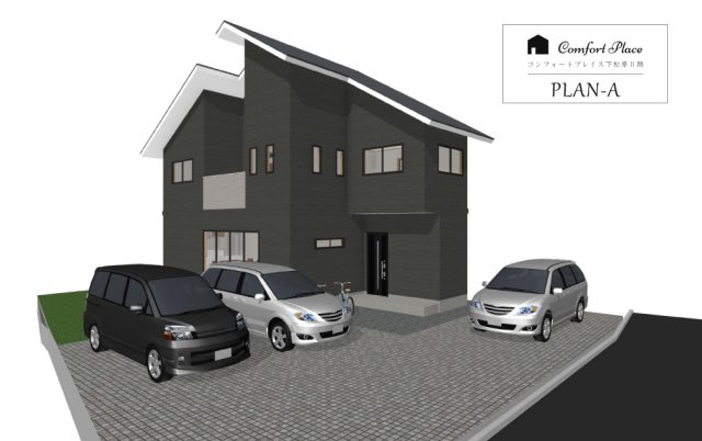コンフォートプレイス川越市下松原2期　全2区画の外観パース|◇建物プラン例＿A◇
建物価格1594.7万円(税別)、建物面積92.75㎡(他、吹抜け6.21㎡)
(別途、土地諸経費、建物諸費用等あり)