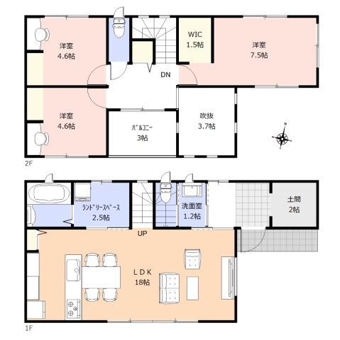 コンフォートプレイス川越市下松原2期　全2区画の参考プラン|◇建物プラン例＿A◇
建物価格1594.7万円(税別)、建物面積92.75㎡(他、吹抜け6.21㎡)
(別途、土地諸経費、建物諸費用等あり)