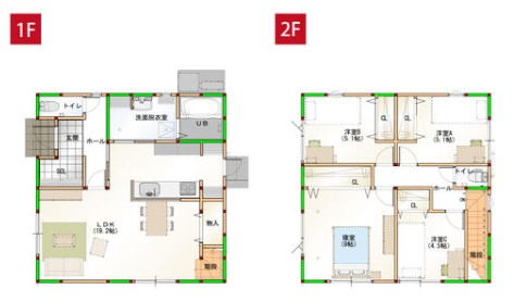 坂出市　谷町⑤　太陽光つきオール電化住宅の間取り|１階（LDK 19.2帖）２階（洋 8･5帖・５.1帖・5.1帖・4.5帖）