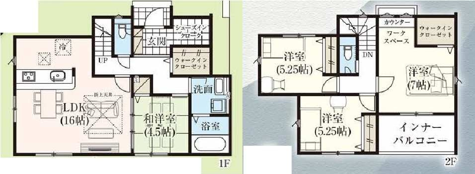 新築　前橋市日吉町3期　GRAFARE　１号棟の間取り|建物面積106.81㎡　シューズインクローク・ウォークインクローゼット2か所フリースペース・各部屋収納付きで便利です！インナーバルコニーなので急な雨でもお洗濯物も安心です。