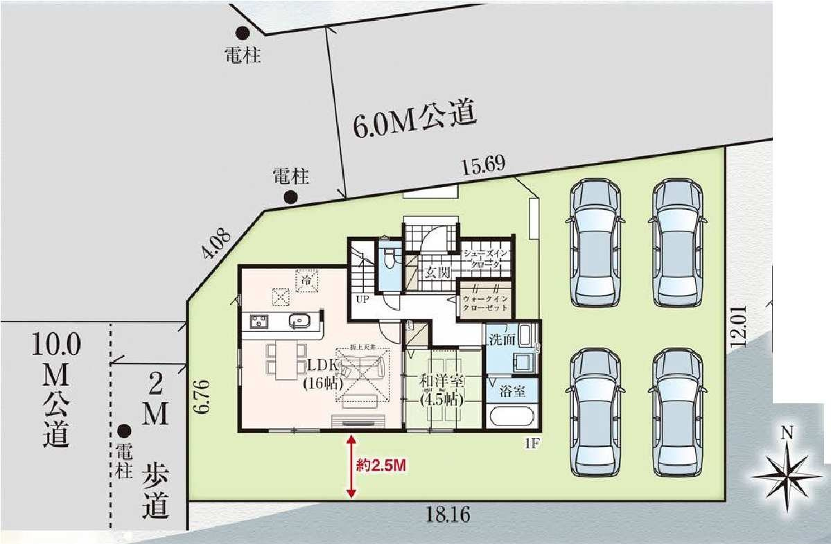 新築　前橋市日吉町3期　GRAFARE　１号棟の区画図|1号棟　区画図　北側接道幅員約6ｍ　西側接道幅員約10ｍ
