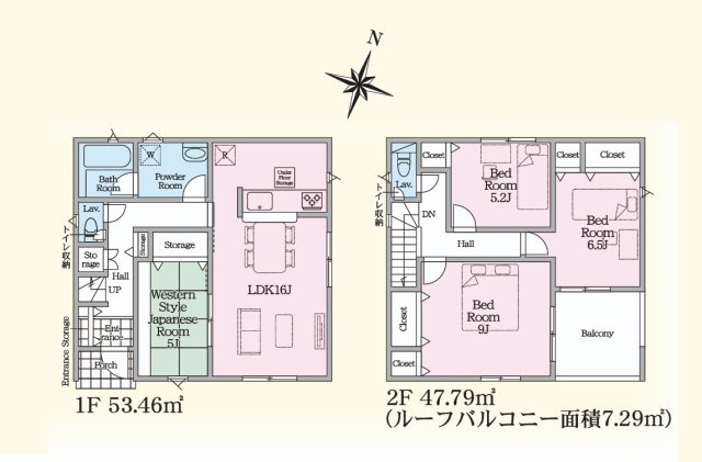 Cradlegarden　 東海村村松　第6　1の間取り|　
☆全居室に大容量の収納スペース付き。水廻りコンパクトで家事動線ラクラク♪リビングに隣接の和室はお昼寝コーナーにも◎家族で寛げます。