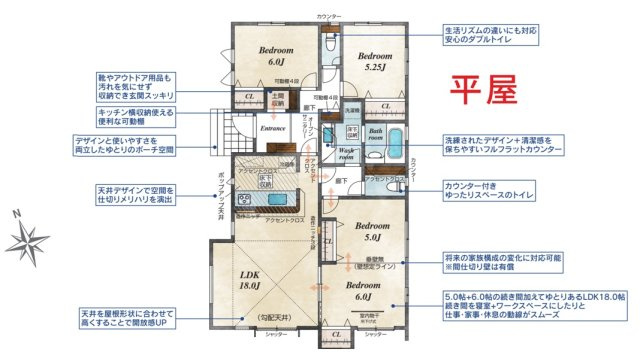 【間取り】 | 前橋市下新田　平屋　新築住宅 | 暖かな日差しが差し込む3LDK！間仕切り対応可能(4LDK可)勾配天井のある明るく開放的なLDK。家族とのつながりを感じられる動線と、開放的な空間作りが魅力の住まいです。