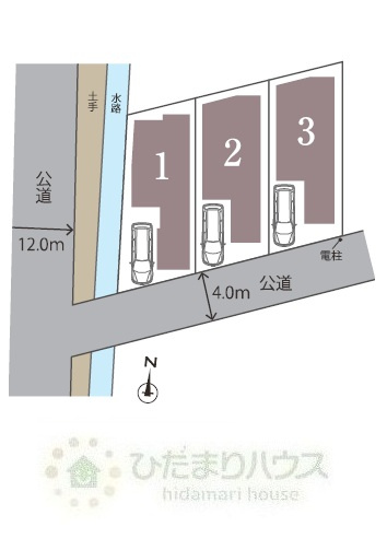 柏市西原128③　新築戸建　1号棟の区画図|角地(^^)/接道：南側4ｍ公道