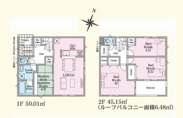 Cradlegarden　 東海村村松　第6　2の間取り|　
☆全居室に大容量の収納スペース付き。水廻りコンパクトで家事動線ラクラク♪リビングに隣接の和室はお昼寝コーナーにも◎家族で寛げます。