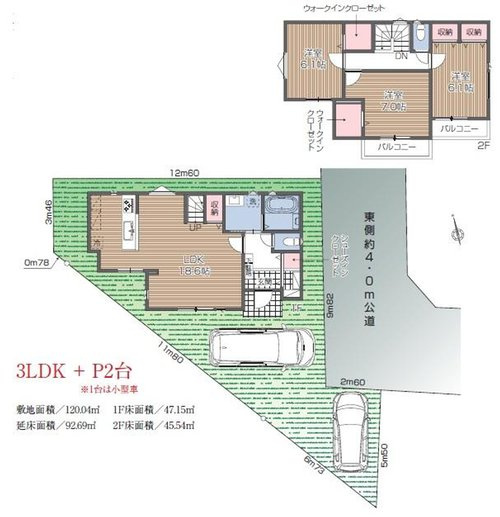 【Buena-Town】小平市上水南町１丁目の区画図|カースペース2台駐車が可能な敷地面積約36坪です。北側も空地になっており解放感がございます。