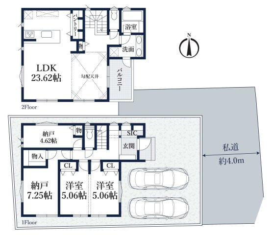 “建売感”を超えた一棟。23.6帖LDK×勾配天井が生む圧倒的開放感。黒を纏うデザイン住宅。★仲介手数料無料★の間取り|シャープなフォルムと落ち着いたカラーリングが魅力のデザイン住宅。シンプルながらも洗練された外観が、上質な暮らしを演出します。
