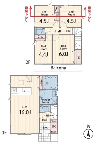 【横浜市旭区今宿西町201-16全2棟新築戸建て】★仲介手数料無料★（都岡小学校・今宿中学校）の間取り|玄関にはSIC、キッチン横にはパントリーを設けた収納豊富なプラン。約16帖のLDKは家具配置がしやすく、全居室収納付きで住空間をすっきり保てます。