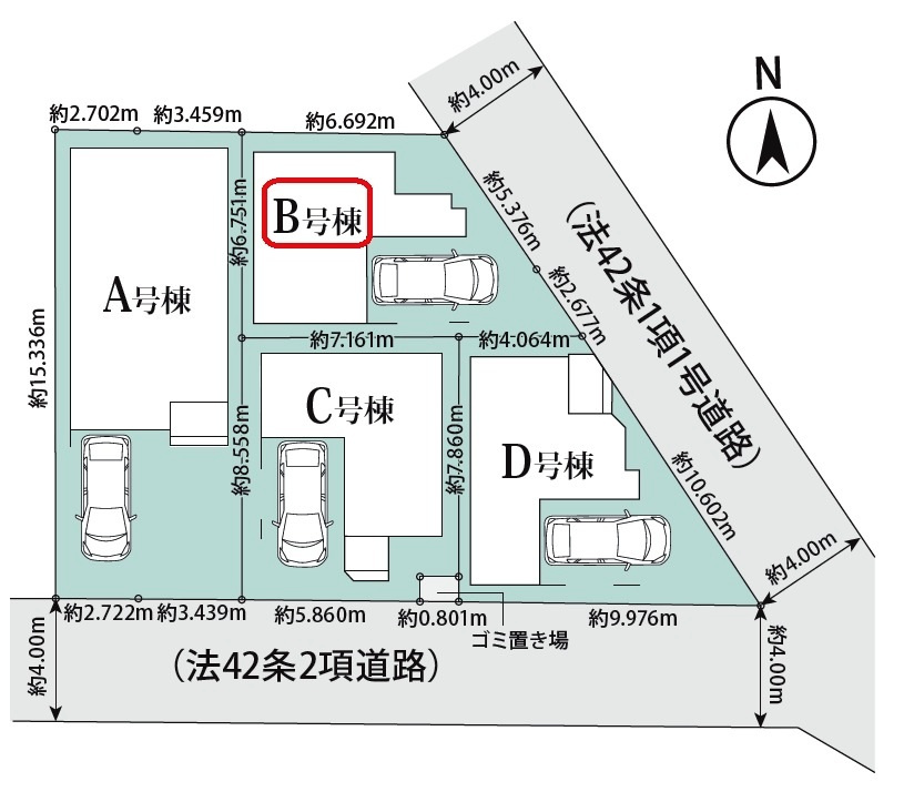 所沢市南住吉・全4棟　新築一戸建　B号棟　の区画図|【全4棟・B号棟】ビルトガレージ1台・土地面積59.98平米（約18.15坪）