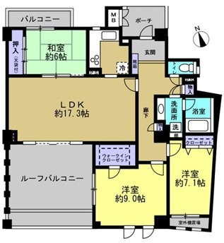 AcityヒルズステージⅠ番館の間取り|2室から出入りでき、充足感が高まるルーフバルコニーが特徴。動線スムーズで空間に広がりのある間取りです