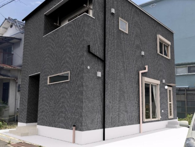 【外観】 | 八尾市曙川東4丁目 | 【現地に配置したCGパース】【太陽光発電システム搭載☆耐震構造☆（耐震等級3相当）】ローン返済目安：月々約81457円（頭金0円、変動金利0.875％、返済期間40年、ボーナス払い無しで試算です）