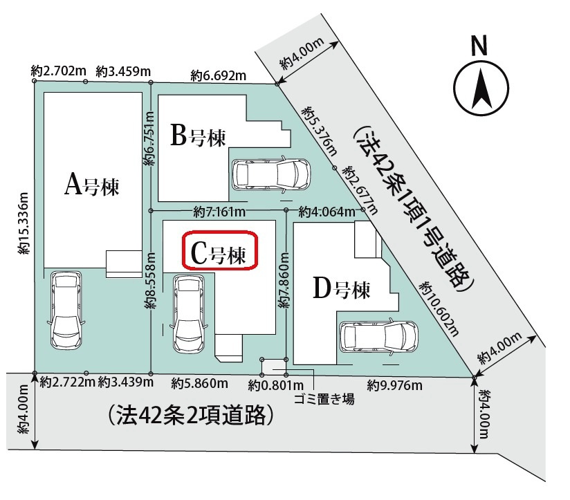 所沢市南住吉・全4棟　新築一戸建　C号棟　の区画図|【全4棟・C号棟】ビルトガレージ1台・土地面積60.35平米（約18.33坪）