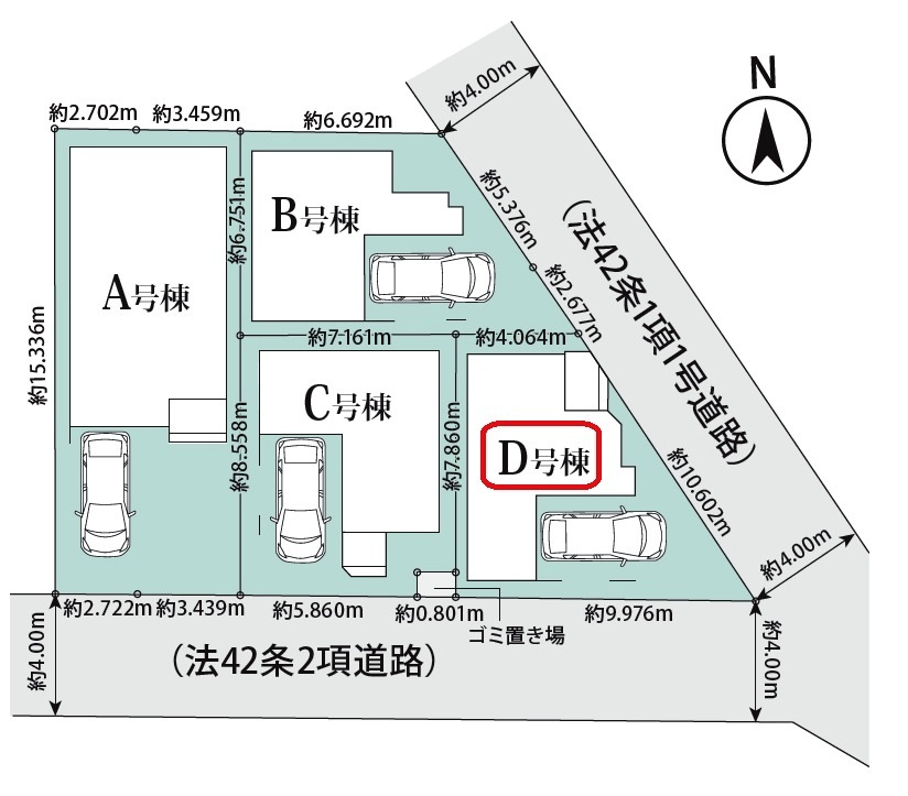 所沢市南住吉・全4棟　新築一戸建　D号棟　の区画図|【全4棟・D号棟】ビルトガレージ1台・土地面積60.58平米（約18.47坪）