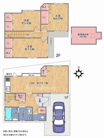 【間取り】 | 東大阪市新家西町 | 2階建て♪【全洋室3LDK＋駐車スペース】室内全面リフォーム済み☆（キッチン・洗面台・トイレ新調等）TVモニターホン・バス追炊機能・浴室乾燥機完備☆収納充実♪屋根裏収納付きです♪
