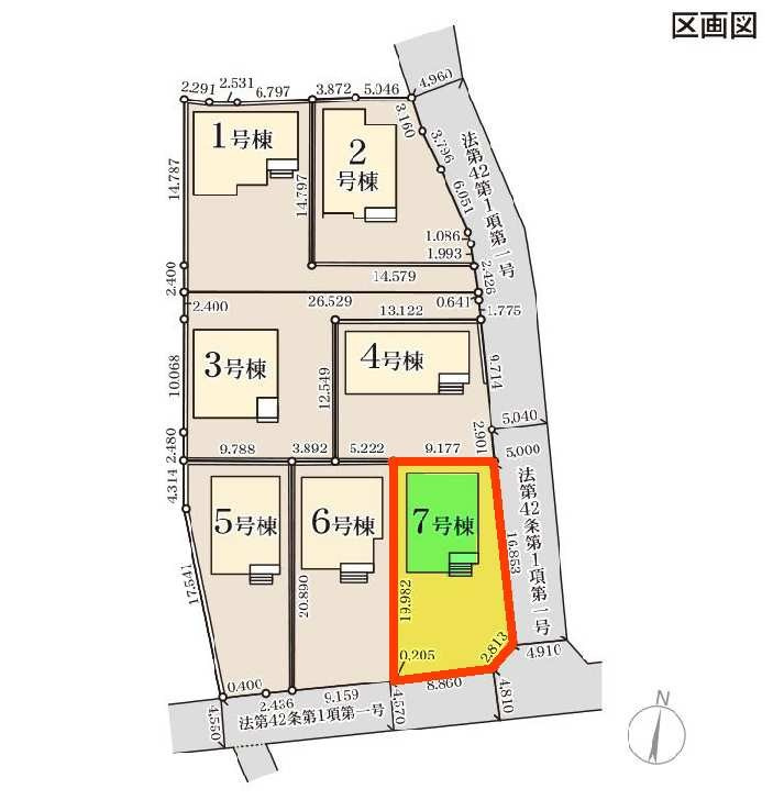 新築　伊勢崎市東小保方町第２　Livele Garden.S　7号棟の区画図|7号棟　区画図　南側接道幅員約4.5ｍ　東側接道幅員約4.9ｍ			
	
