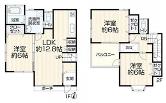 【間取り】 | 大和市福田 中古戸建て | 3LDK　浴室乾燥機+窓　ＩＨヒーター　各部屋照明器具付　リビング収納　南向きバルコニー　LDK12.8帖+洋室6帖