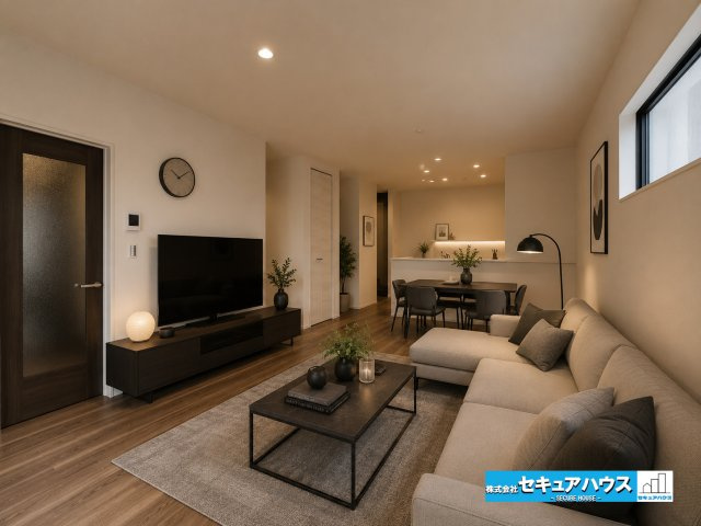 【今からご案内可能】豊明市二村台1丁目　全2棟の居間・リビング|【リビングに家具を配置したイメージ図】
◆ブラウン×ホワイトの「温かみ」と「清潔感」が共存する落ち着いた大人の癒し空間を演出。ブラウンで落ち着きをホワイトで広さと明るさを出しお洒落な雰囲気が魅力です。