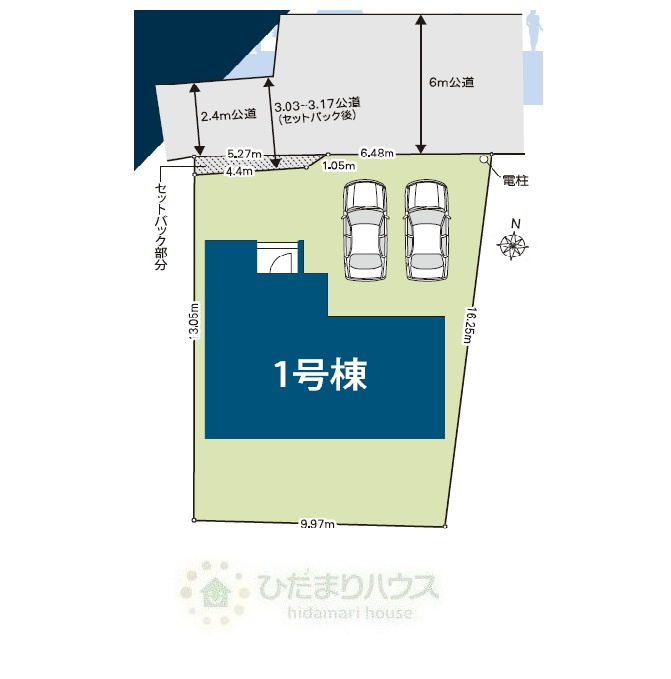 野田市清水5期　新築戸建　1号棟の区画図|接道：北側6ｍ公道、北西側4ｍ公道