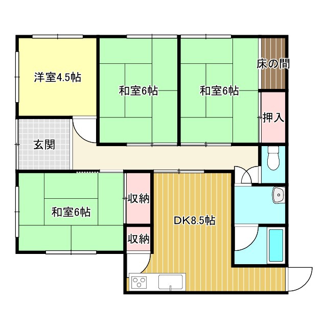 西条市福武甲2136-4　中古戸建の間取り|部屋数が豊富な4DKの間取りは、ご家族それぞれのプライベート空間を確保しつつ、趣味部屋や客間も作れるゆとりが特徴です。階段のない木造1階建の構造で、生活動線が重なりにくくフラットに暮らせます