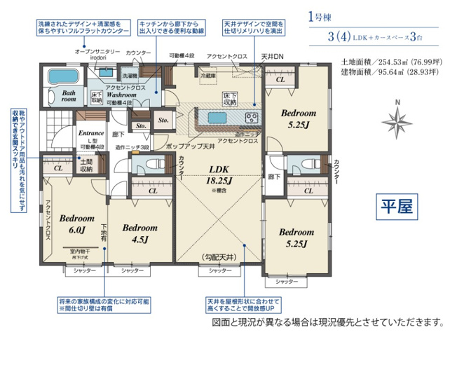 【間取り】 | blooming garden行田市谷郷　【平屋】新築住宅 | 4LDK対応可■LDK18.25帖■リビング勾配天井で開放感あり◎■水廻り集中設計で家事ラクの間取りプラン