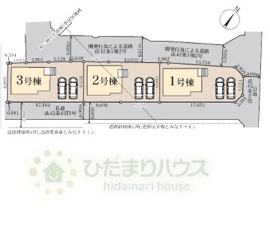 野田市中里3期　新築戸建　1号棟の区画図|全3棟・接道状況：北西側6m公道・北東側2.8ｍ公道・南東側4ｍ私道